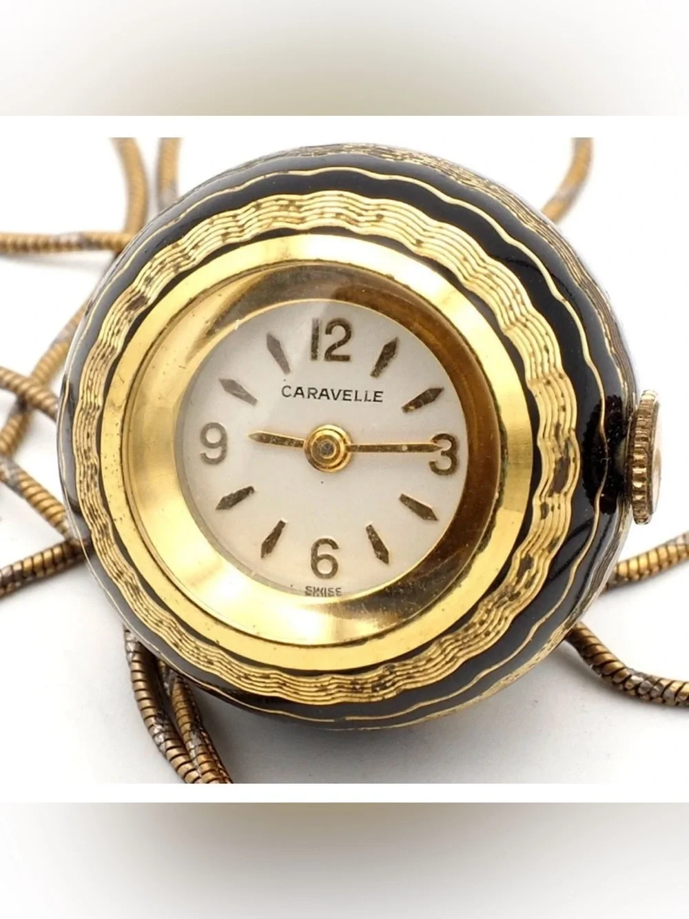 Vintage Black enamel and Gold Pendant Watch Necklace
